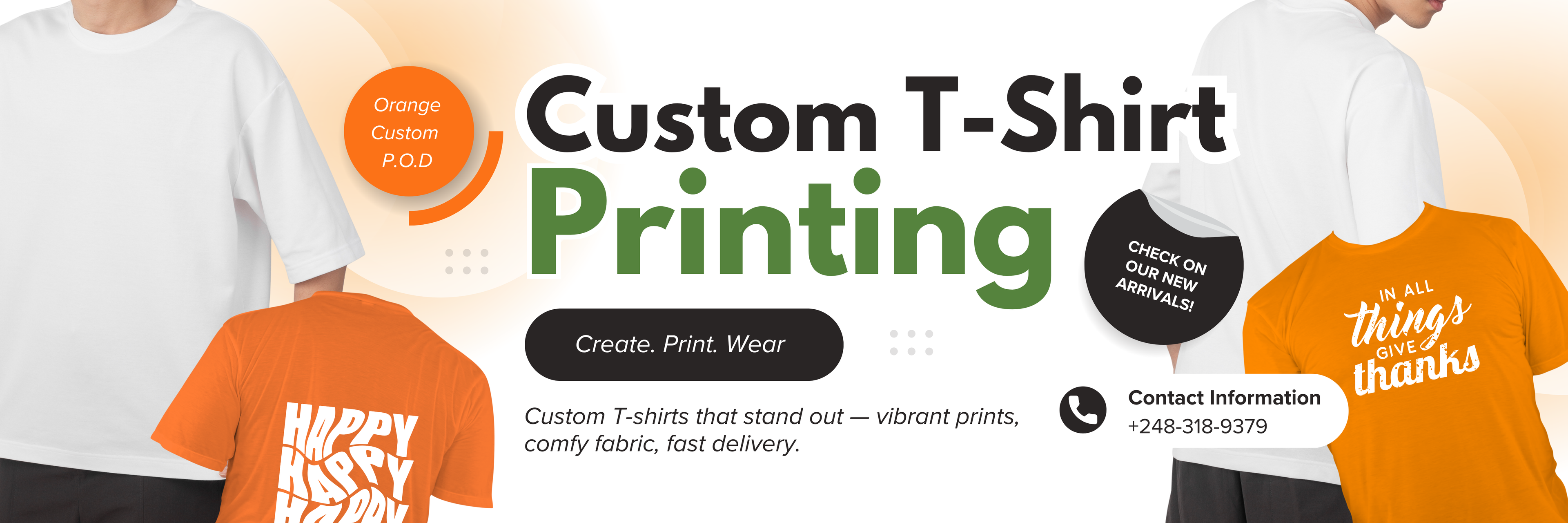 Promotional banner for custom t-shirt printing with text and images of printed t-shirts.