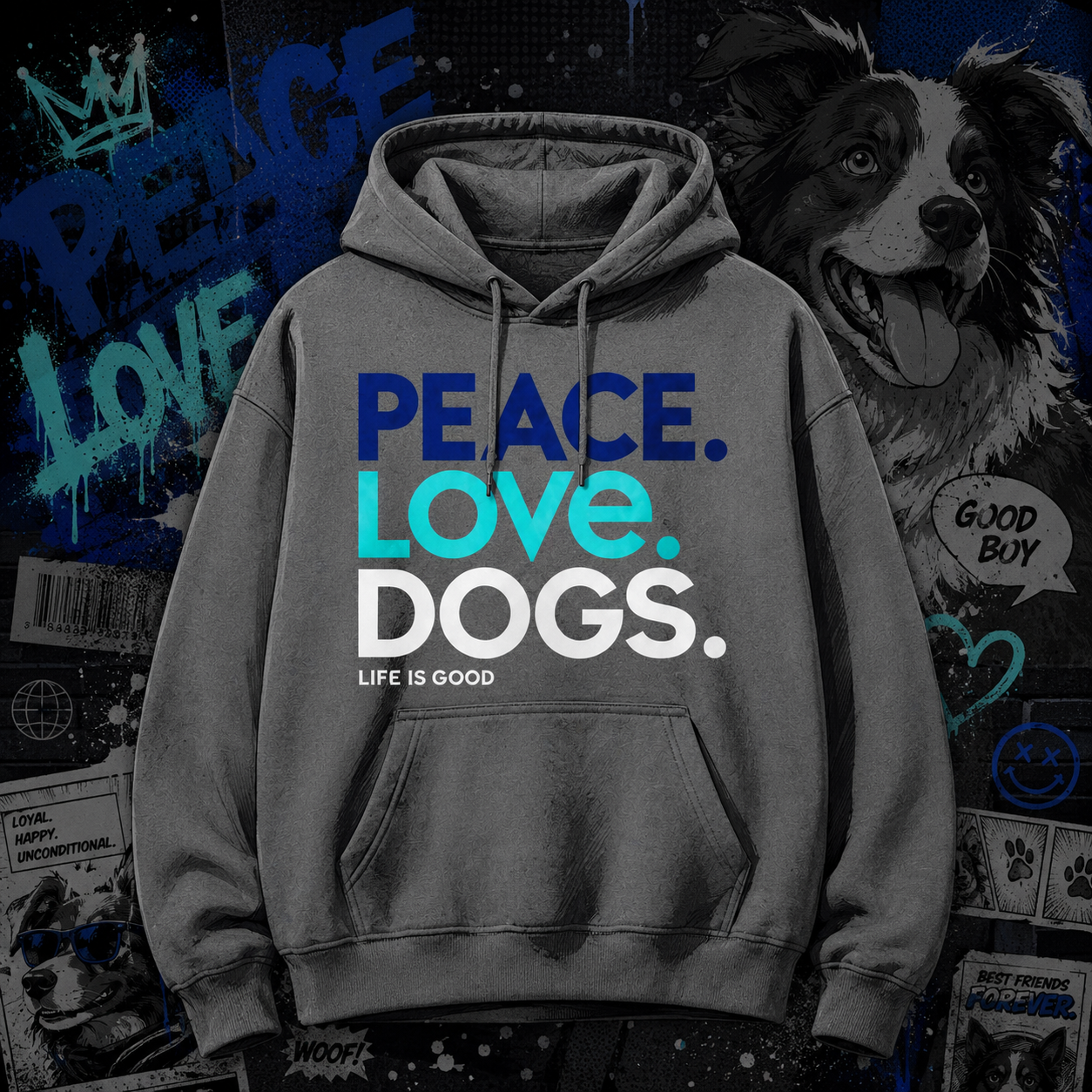 Peace Love Dogs Life Is Good Dog Lover Graphic Hoodie - Adult Gildan Heavy Blend Hooded Sweatshirt Unisex