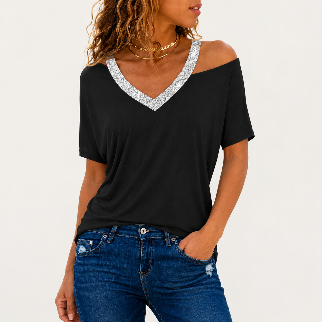 Women's Glitter Trim Off-the-Shoulder V-Neck T-Shirt